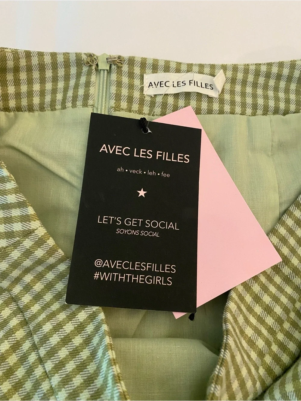 NWT Avec Les Filles Light Green Gingham Mini Skirt
